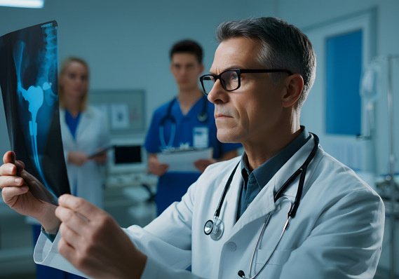 „Medizinischer Gutachter bewertete Röntgenbild im Kontext einer Begutachtungssituation, umgeben von zwei Kollegen, mit Fokus auf die Erstellung medizinischer Gutachten für sozial- und versicherungsmedizinische Fragestellungen. - © MMS - stock.adobe.com