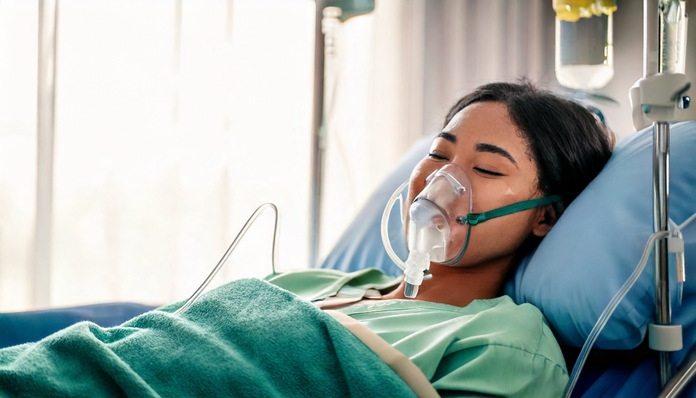 Eine Frau liegt in einem Krankenhausbett mit Sauerstoffmaske, zugedeckt mit einer grünen Decke, und erhält intravenöse Flüssigkeiten. - © 真由 野田 - stock.adobe.com